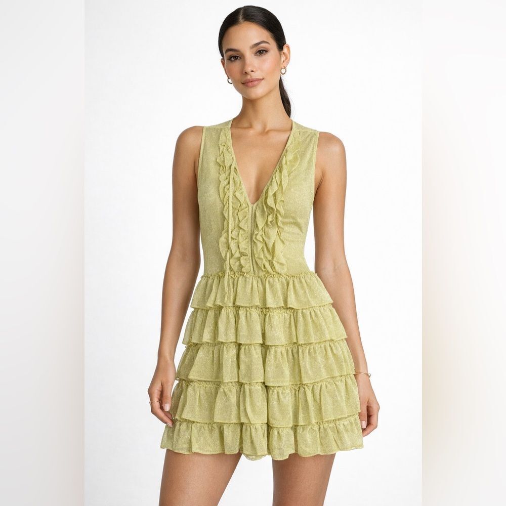 Atos Lombardini Lime Ruffle Tiered Mini Dress Metallic Italy 42 US 6-8